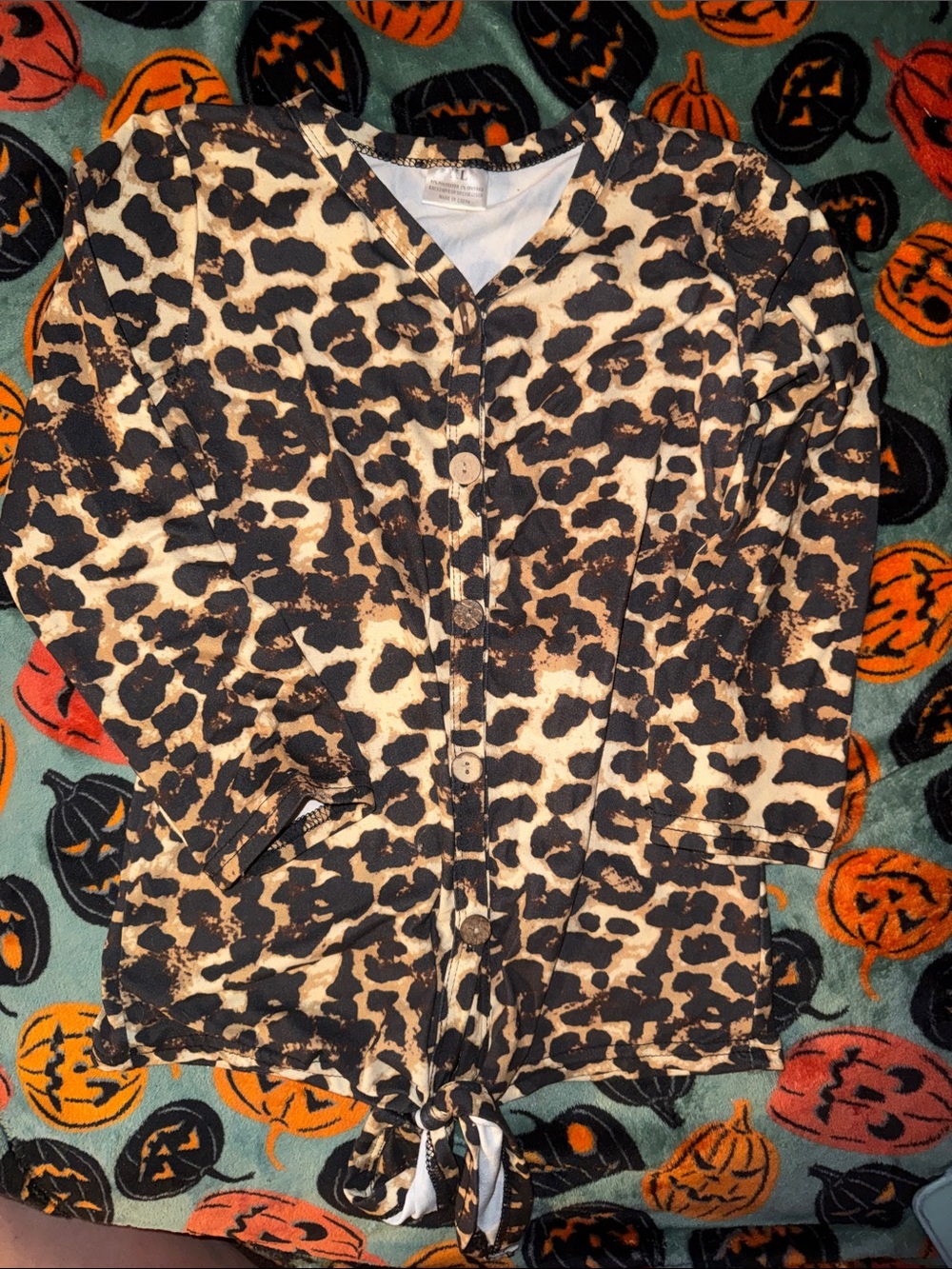Leopard Print Button-Front Kids Top with Tie Hem - Black & Cream
